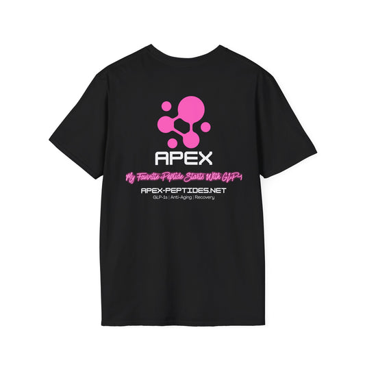 Apex Peptides Logo T-Shirt — My Favorite Peptide Starts With GLP Design